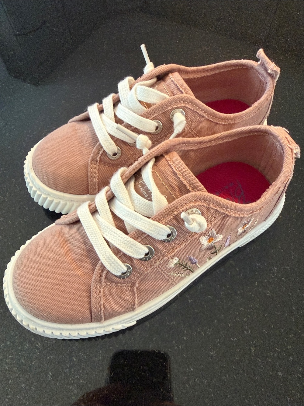 Girls Pink Embroidered Canvas Sneakers with Lace-Up Closure